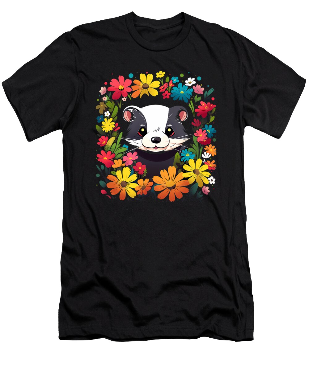 1 Cute Ferret in a Flower Garden Colorful Floral Animals Black Dhbubble T-Shirt