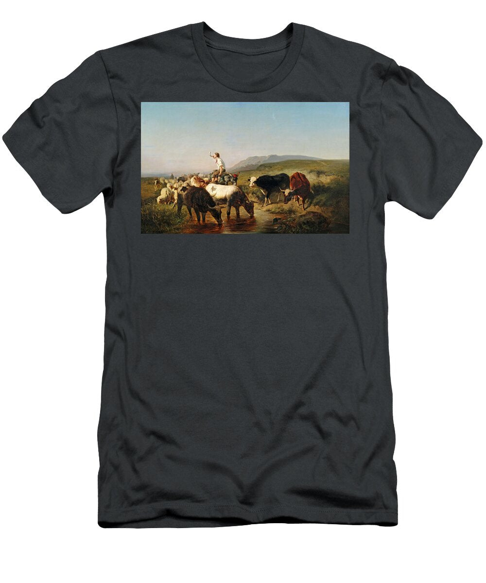 Cattle and Flock of Sheeps with a Donkey Riding Shepherd Boy in a Wide Landscape Adolf Schreyer T-Shirt