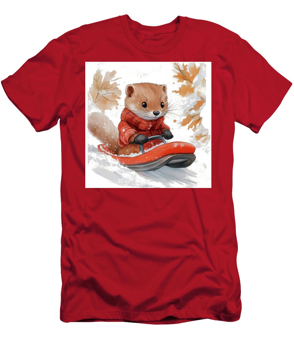 Cute Ferret Sledding in Winter Wonderland Rhys Jacobson T-Shirt